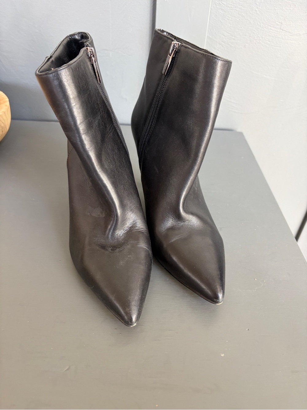 Vince Camuto Pointed Black Leather Ankle Booties with Side Zip